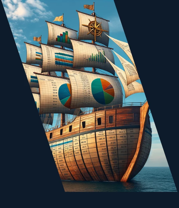 Ilustração: um navio com velas de planilhas navegando